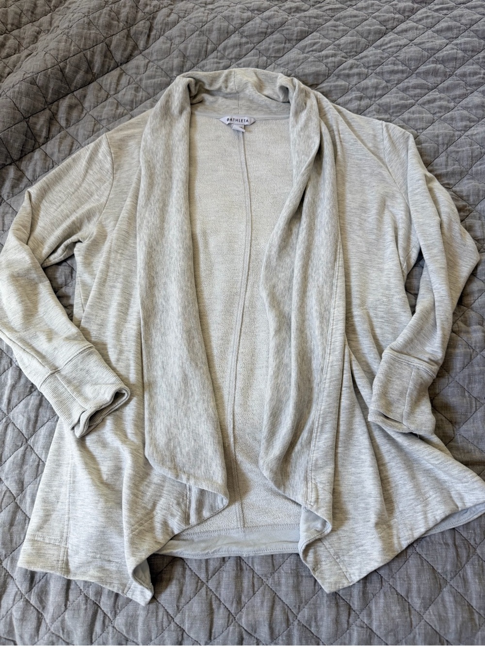 Athleta Heathered Light Gray/Cream Heathered Open-Front Draped Cardigan